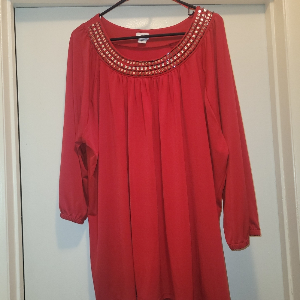 Red Beaded Neckline Blouse